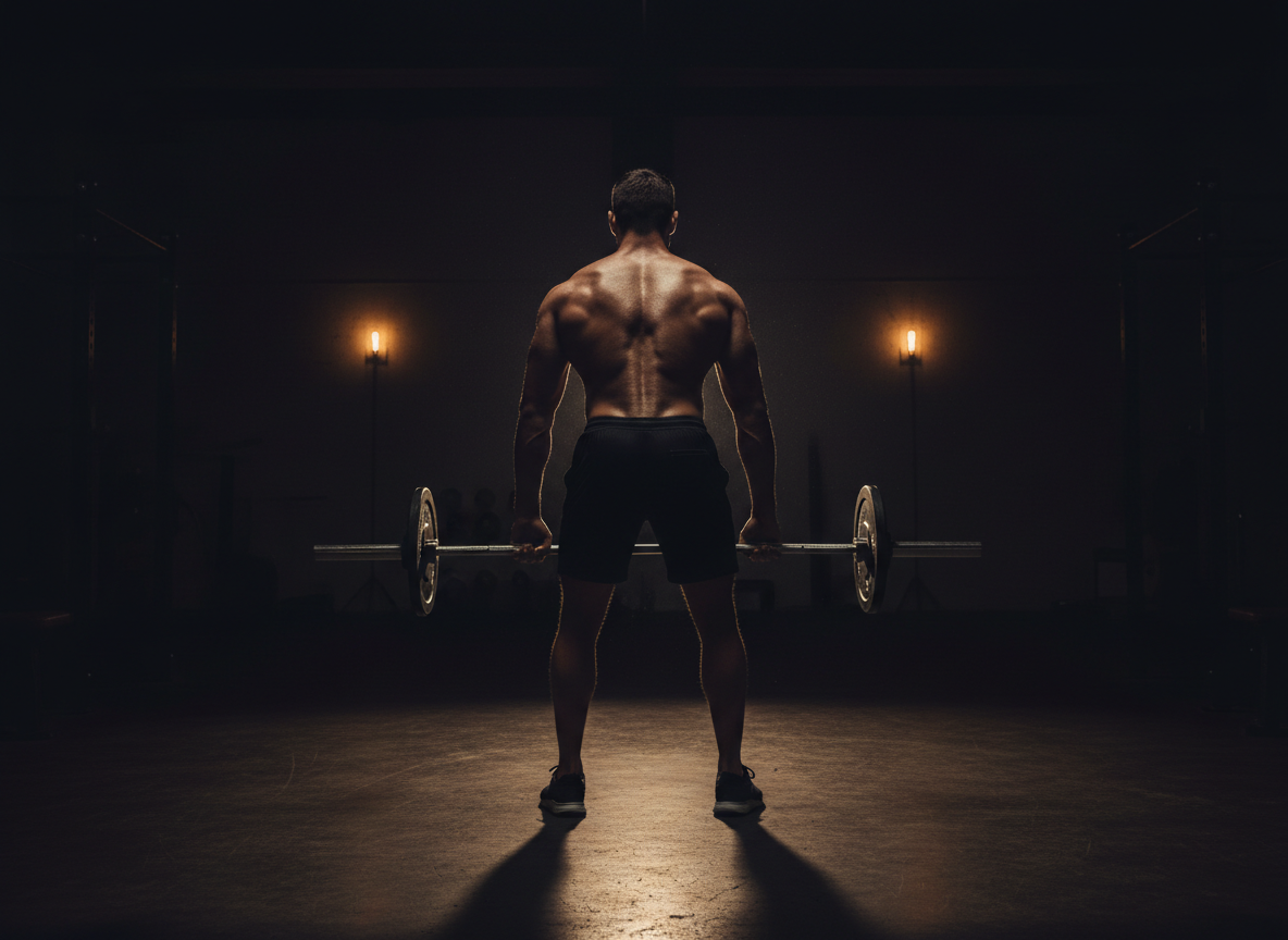 Moody dark cinematic photograph of a strong athletic man mid-training in a dim gym