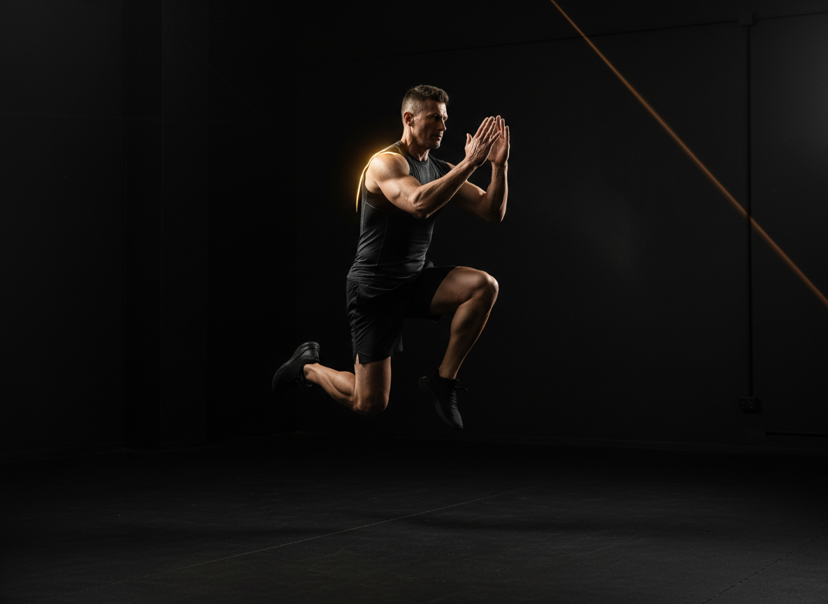 Cinematic dark photograph of a fit man in his 40s moving with control in a minimalist black gym