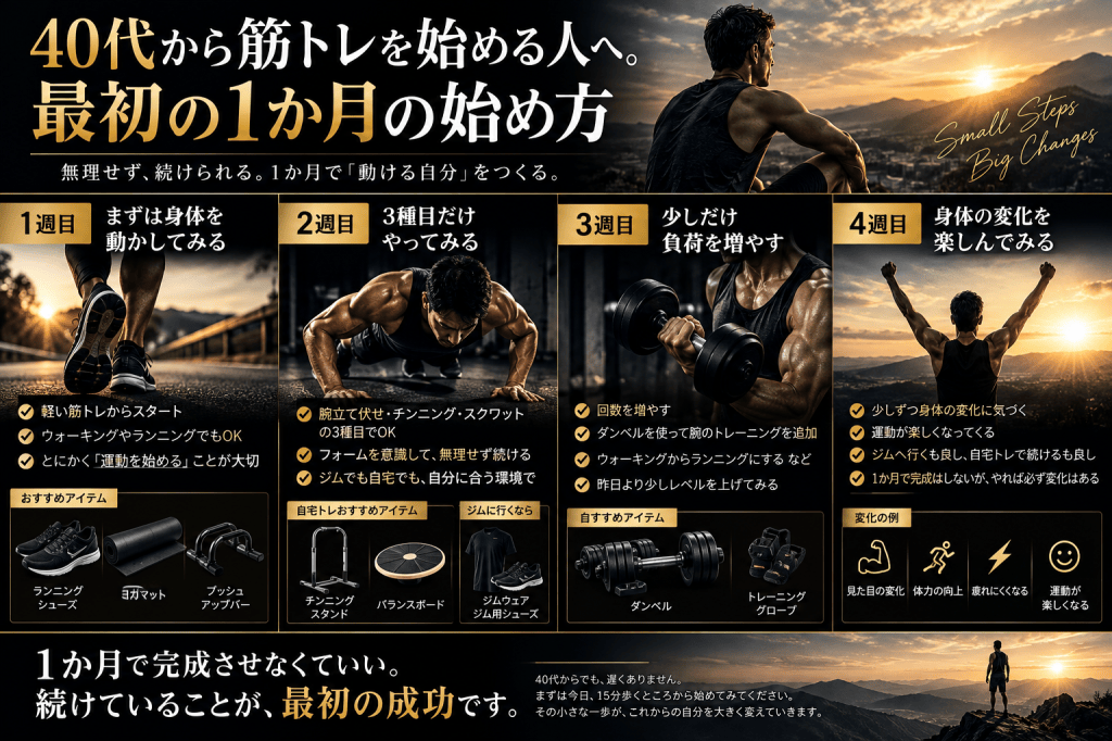 40代から筋トレを始める人向けに、1週目から4週目までの運動の始め方をまとめた黒・白・ゴールドの図解