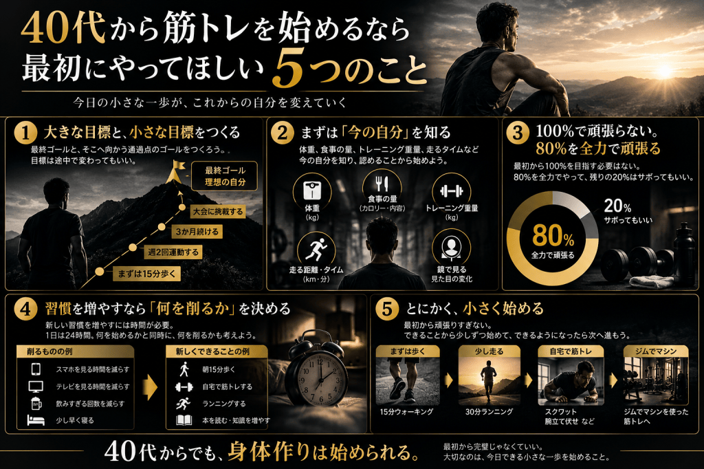 40代から筋トレを始める人に向けた5つのポイントをまとめた黒・白・ゴールドの図解