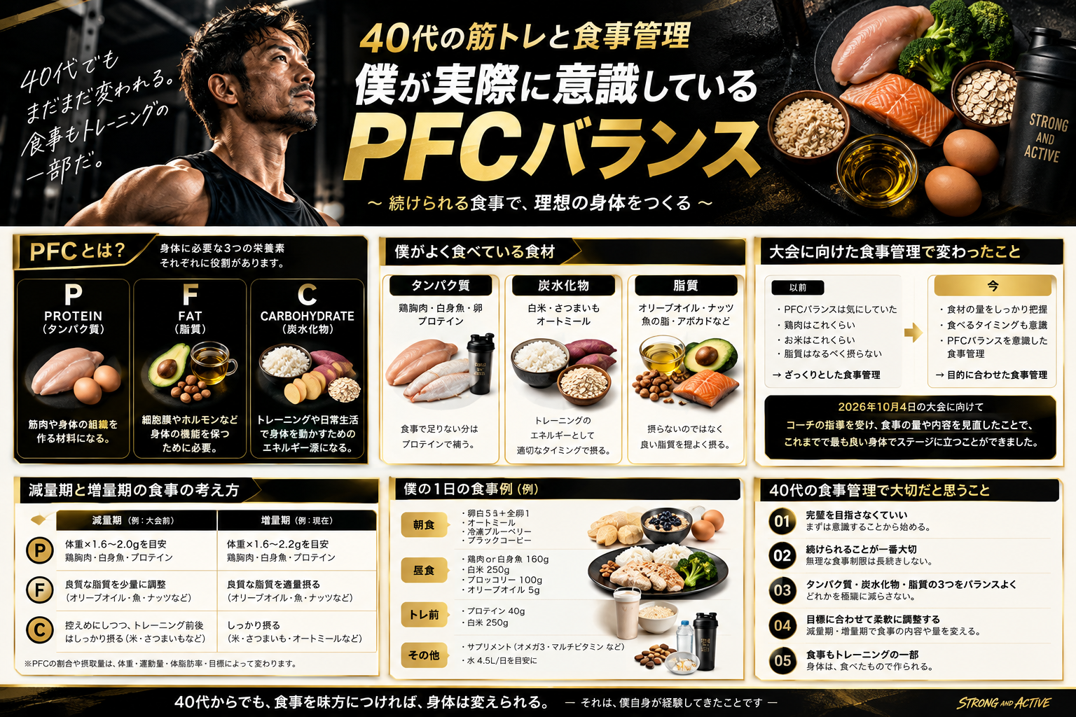 PFCバランスの役割と、40代の食事管理で意識したいポイントをまとめた図解